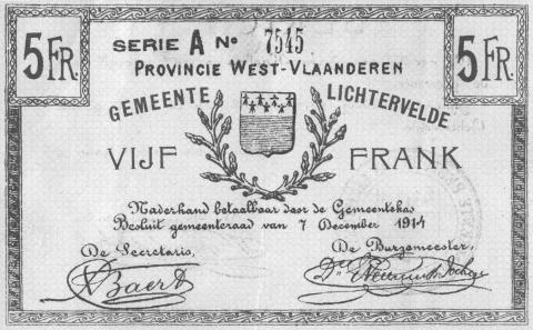 Biljet 5 frank, uitgegeven door de gemeente